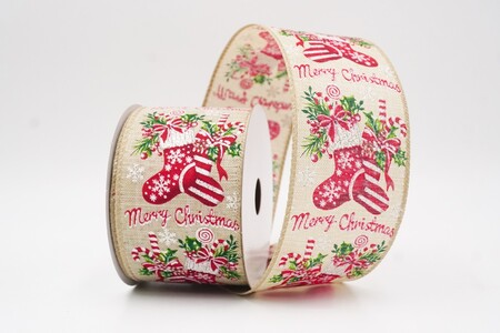 Nastro stampato con calza di Natale marrone chiaro_KW0254GC-13-183