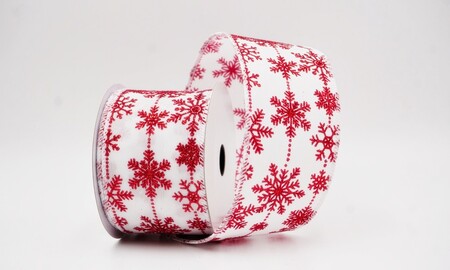 Ruban de fête blanc et rouge orné de délicats flocons de neige pailletés_KW0394GC-1R-1