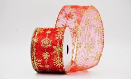 Ruban de fête délicat rouge et doré à paillettes et flocons de neige_KW0396G-7G