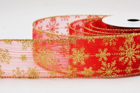 Ruban de fête délicat rouge et doré à paillettes et flocons de neige_KW0396G-7G