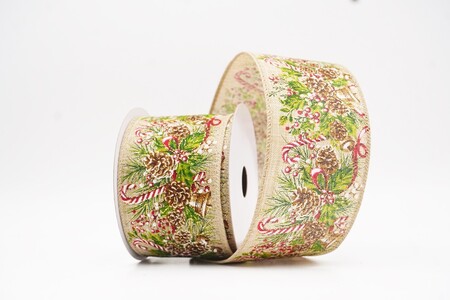 Nastro con filo marrone chiaro rustico con pigne, agrifoglio e bacche_KW0427GC-13-183