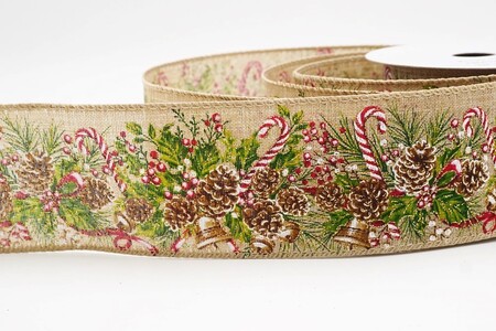 Nastro con filo marrone chiaro rustico con pigne, agrifoglio e bacche_KW0427GC-13-183