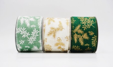 Fita de folhagem com ramos de pinheiro e glitter dourado - Fita de folhagem com ramos de pinheiro e glitter dourado