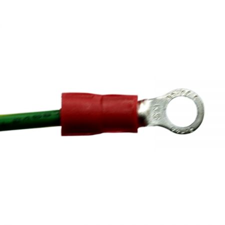 Red insulated ring terminal crimped onto UL1007 16AWG wire.