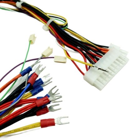 ATX wire harness with Y terminals and Molex connector for secure power connections.