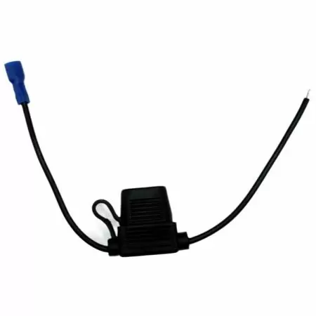 Splash-resistant inline fuse holder with a 2A fuse and connected wiring.