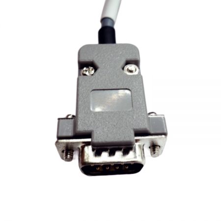 Close-up of a D-Sub 9P male connector with a protective shell.