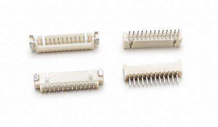 Multi-angle view of wire-to-board connectors showing terminal layout, housing design, and mounting structure.
