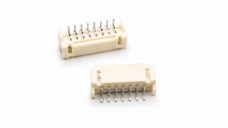Right-angle wire-to-board connector with metal terminals and positioning housing for PCB connection.