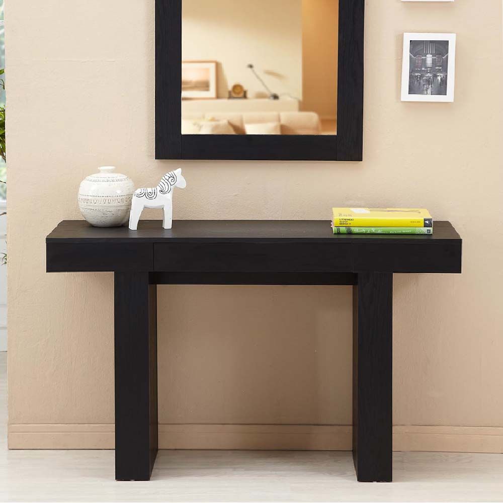 DIY Console Table using mirror contact paper, two high end tables, and a  door mirror. 