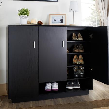 Modern Shoe Cabinet Gray & Black Shoe Organizer with Doors Shelves