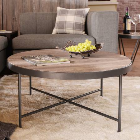 Szary metalowy stolik kawowy z ramą - Okragły stolik kawowy w stylu wiejskim, jasny akcent dla salonu.