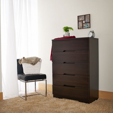 Drawer Cabinet - Dark brown, bedroom, five drawers, handle mining groove shape, lockers