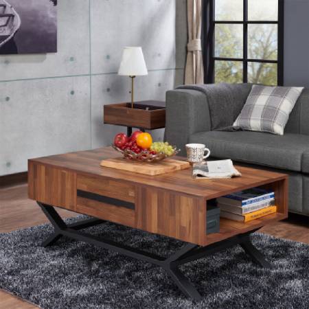 Table basse en teck avec pied en fer en forme de losange