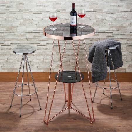 Table de bar au design industriel avec plateau en verre - Table en or rose avec plateau en verre noir texturé.