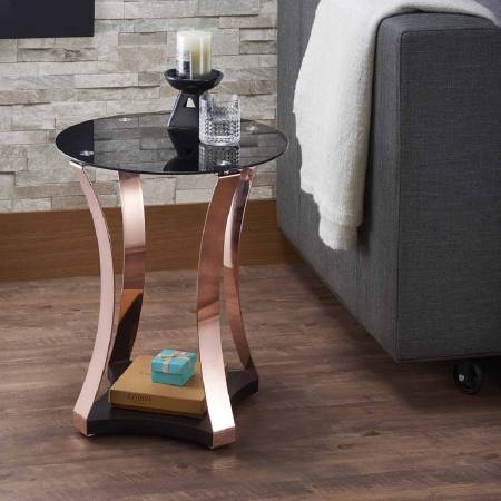 Golden Rose And Black Glass Tabletop Simple Style End Table - A side table made up of golden rose and black tabletop.