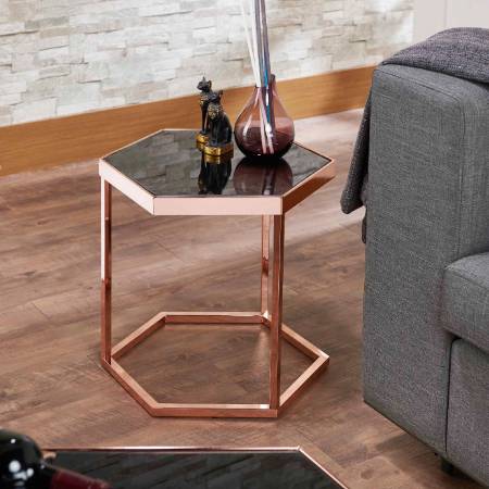 六角形のブラックガラスとローズゴールドの上品なサイドテーブル - ローズカラーのサイドテーブル