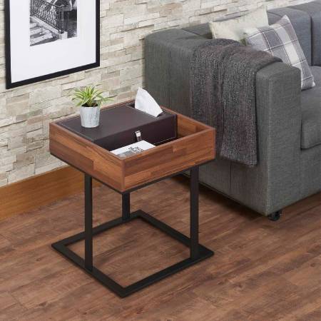 Mesa auxiliar moderna de teca recuperada con cuero - Mesa auxiliar moderna de teca recuperada con cuero
