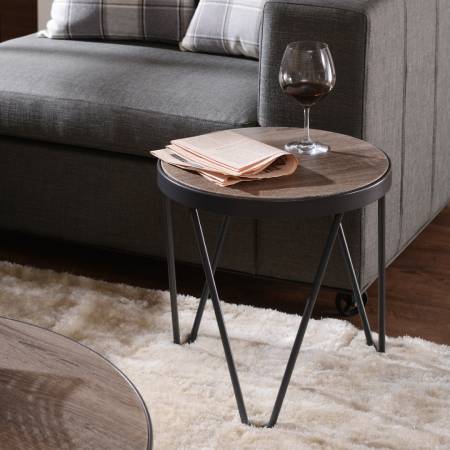 V Shape Iron Foot Stool Wooden Veneer Side Table - Simple style and v shape metal pedestal.