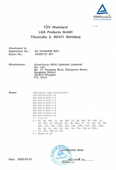 Seven Ocean HydraulicsHemos obtenido la certificación CE sobre válvula de control direccional de solenoide.