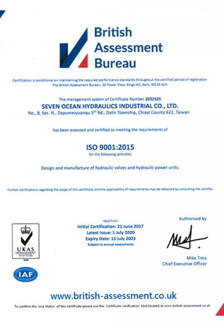 Seven Ocean Hydraulicsbaru-baru ini menerima sertifikasi ISO yang diperbarui. Ini menyatakan bahwa sistem manajemen, proses manufaktur, layanan, dan dokumentasi kami telah memenuhi semua persyaratan standardisasi ISO dan jaminan kualitas.