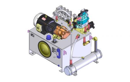 Dostosowany zasilacz HPU - Przykładowy rysunek 2D agregatu hydraulicznego.