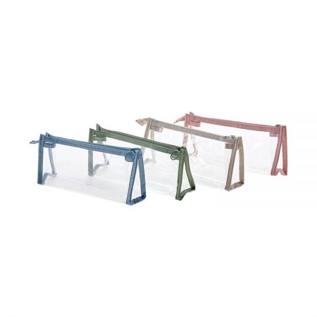 Clear Triangle Pencil Case - The triangle design pencil pouch is made of clear vinyl with morandi color fabric binding It has a soft and transparent texture