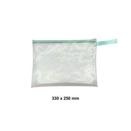 Bulk metallic shimmer pouches in mint green and gold for upscale office organization.