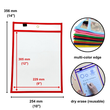 Bulk dry erase pocket 10 x 14 inch with clear PVC surface and elastic marker holder
