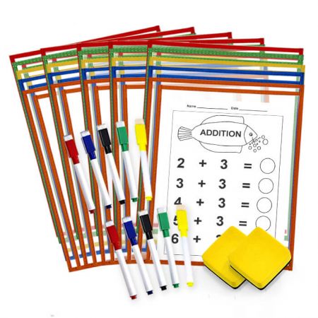 Kit di 25 tasche per lavagna a secco a caricamento laterale - I bordi colorati sono resistenti e anti-strappo. È ottimo per l'uso in classe e per l'apprendimento di gruppo.
