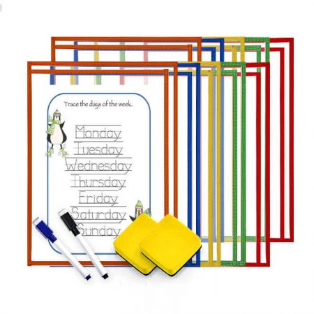 100 Pack Dry-Erase Pockets - 10x14 Inch Reusable Plastic Sleeves With Rings For Classroom & Office