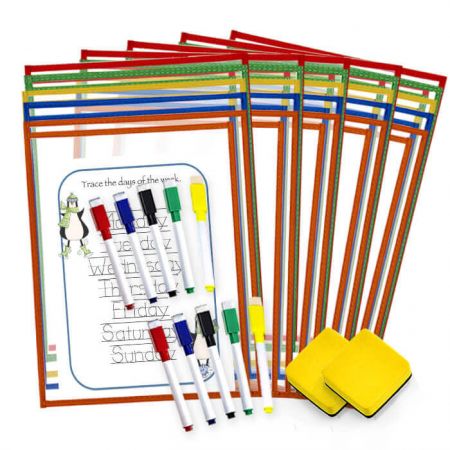 Kit de 25 pochettes à chargement latéral à effaçage à sec - Idéal pour une utilisation par les élèves à l'école ou à la maison, ils peuvent facilement insérer et retirer les feuilles de travail.