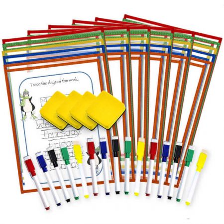 30 Pack Side-Loading Dry Erase Pocket Kit - Our pocket protector opens easily for loading and unloading
