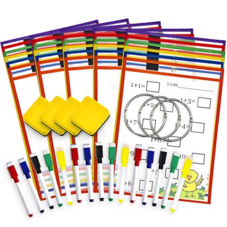 30 Pack Dry Erase Pocket Kit - These Industrial grade stitched heavy duty pockets are made to withstand daily usage of classroom, office and home