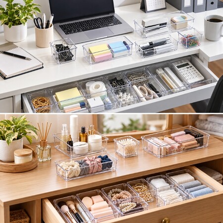 Transparent desktop storage container sets suitable for hotel room amenity organization