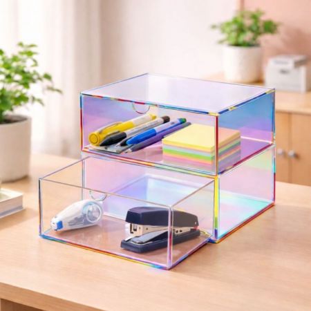 カスタムパッケージとラベリングサービスを提供するマルチカラーアクリル2ティアデスクストレージメーカー。