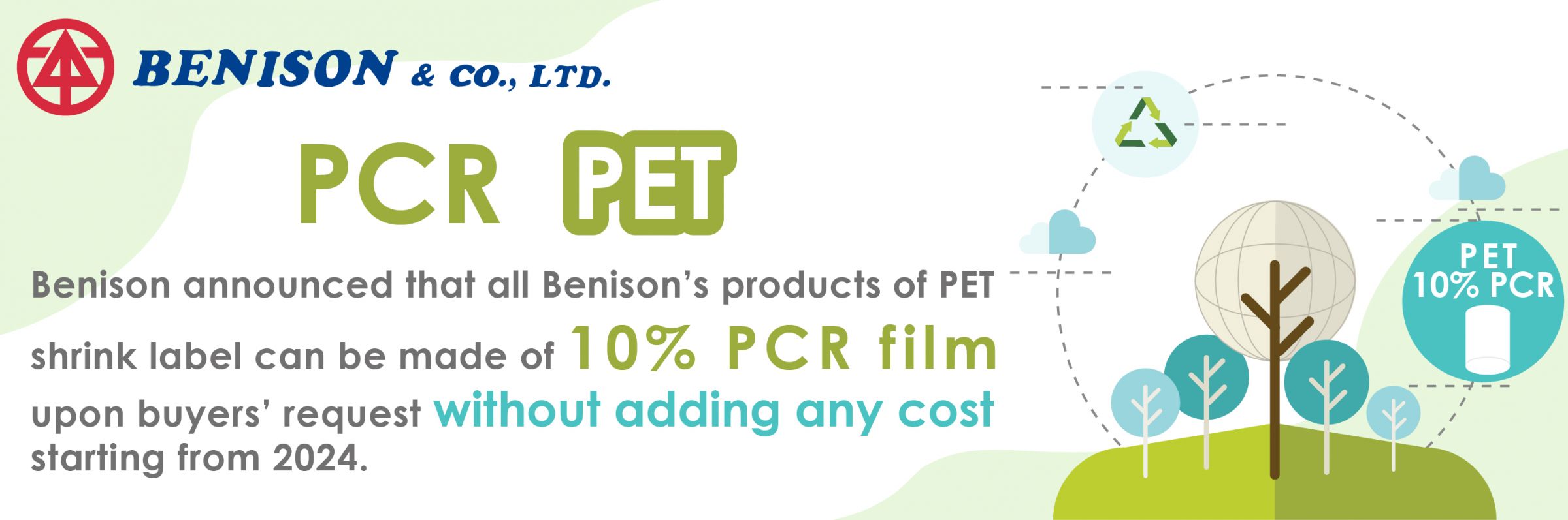 For environmental friendly issue, all series of Benison’s PET shrink labels will be made of at least 10% PCR starting from 2024!
