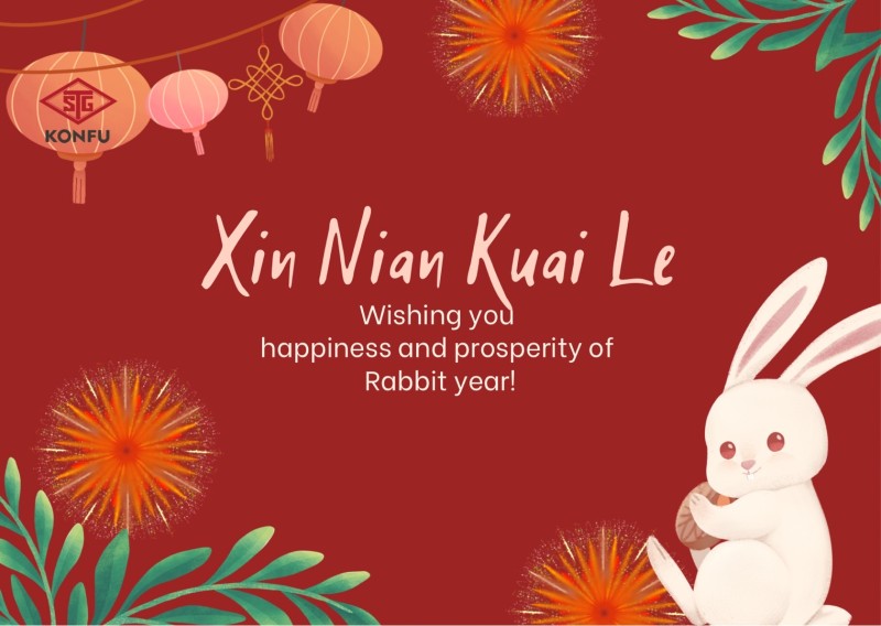 A Chinese New Year greeting card from KONFU Enterprise, wishing happiness and prosperity in the Year of the Rabbit.
