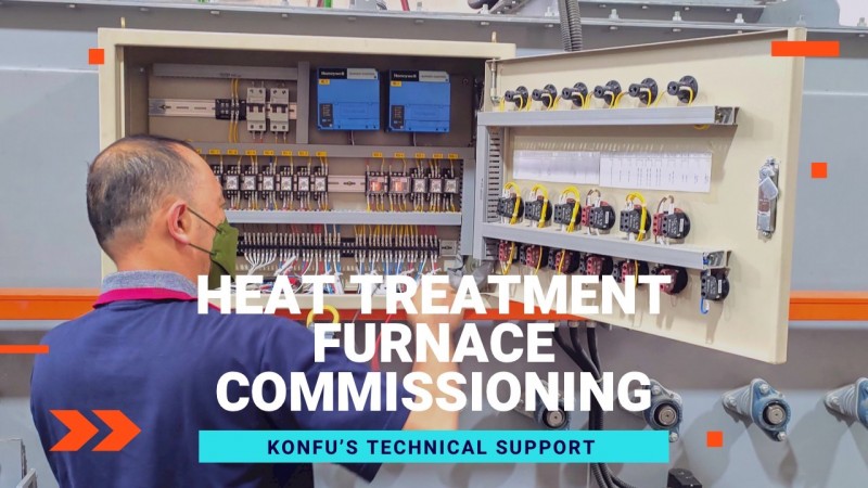 A technical scene showcasing KONFU's expert heat treatment furnace commissioning and technical support services for the fastener industry.