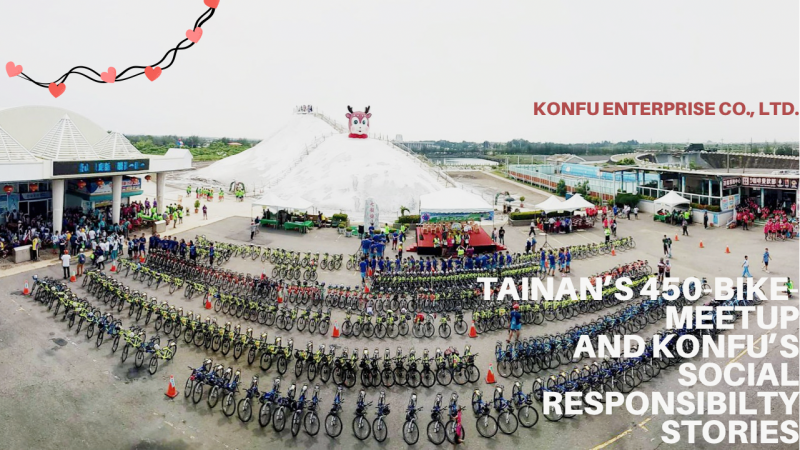 A large bicycle meetup event in Tainan organized by Konfu Enterprise Co., Ltd., showcasing 450 bicycles arranged in a unique pattern to support local students.