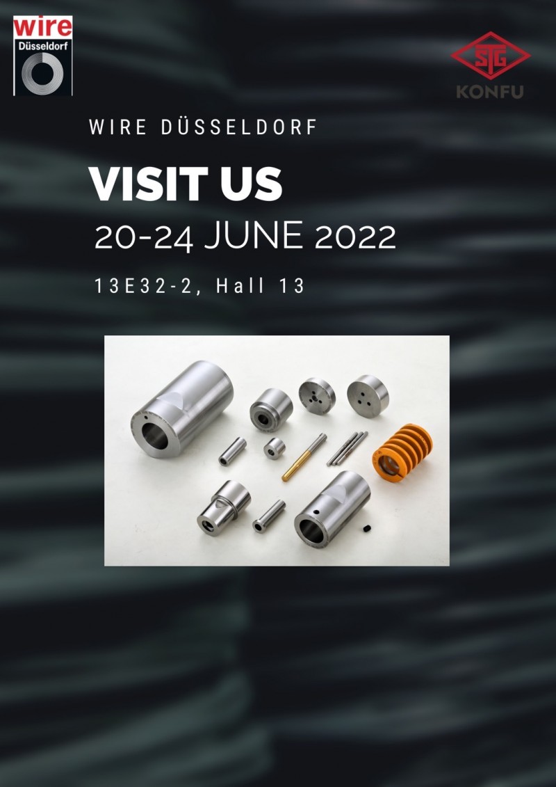 Official announcement banner for KONFU Enterprise Co., Ltd. at Wire Düsseldorf 2022, showcasing industrial components and fastener forming tools.