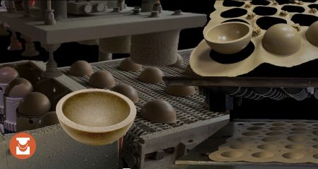 Le caoutchouc prend la forme d'une demi-coquille sous haute température et pression.