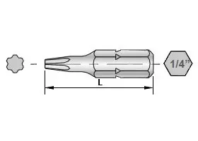 Sloky 토크 드라이버(토크 렌치)용 25mm 토크스 플러스 비트의 치수 도면.
가공, 터닝 및 밀링의 CNC 절삭 도구에 사용하기 편리합니다.