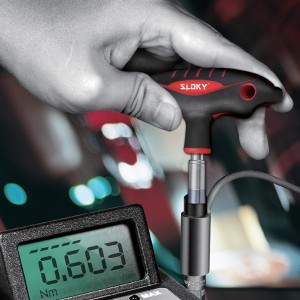 Adapter Nahaufnahme des Sloky Drehmomentschraubendrehers mit T-Fluggriff und Bits für Hex, Torx und Torx Plus für verschiedene Spezifikationen von Drehmomentadaptern. Benutzerfreundlich für CNC-Werkzeuge zum Schneiden, Drehen und Fräsen.