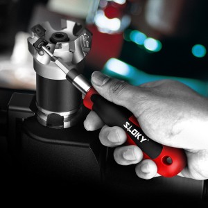 Adapter Close Up dari Sloky torque screwdriver Pegangan universal dengan bit Hex, Torx, dan Torx Plus untuk adapter torsi dengan spesifikasi yang berbeda.