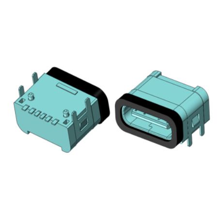 กระแส 3A, แรงดัน 5V, คอนเนคเตอร์ประเภท C, หญิง 6PIN, R/A SMT ประเภทพร้อมเปลือก DIP-Post บนบอร์ด (H=4.66mm) - 6P หญิงประเภท C คอนเนคเตอร์