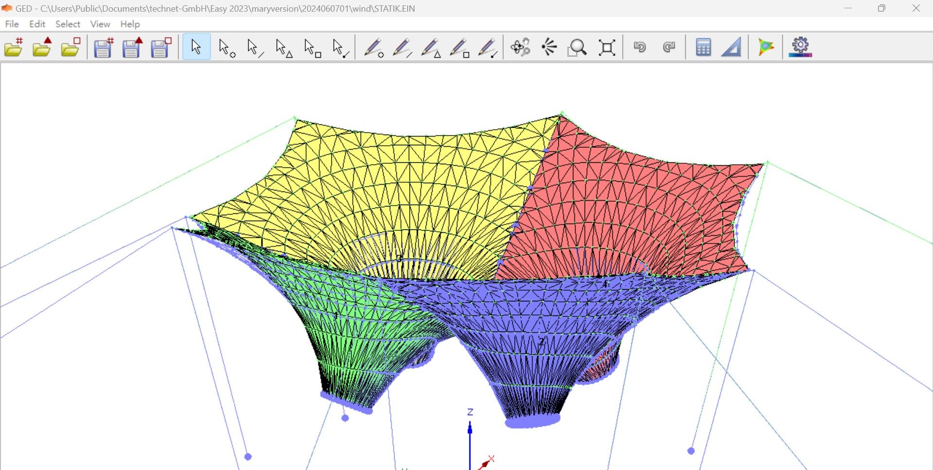 ★The software can analyze and compare the deformation of the membrane structure after being subjected to wind or gravity. The purple line is the original position and shape of the membrane structure.