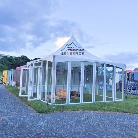 Tente Phoenixx 6M avec parois en verre et câbles croisés
