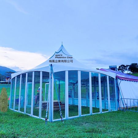 Tente Phoenixx 6M avec parois en verre et câbles croisés