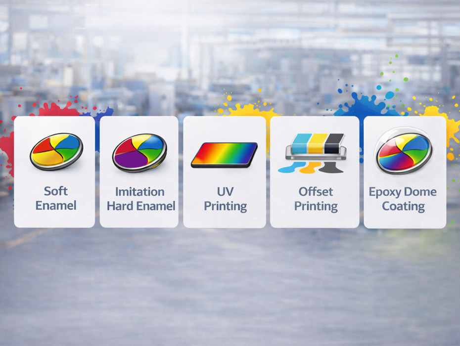 We offer several professional coloring methods, like Soft Enamel, Imitation Hard Enamel, UV Printing, Offset Printing, Epoxy Dome Coating to choose from.